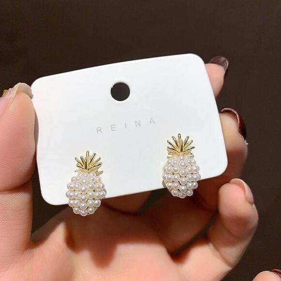 Pineapple Earrings Gold Stud Pearl Post Earrings Minimalist Jewelry - Picture 7 of 8